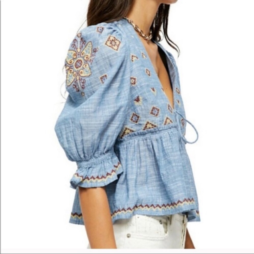 Free People Chambray Puff Sleeve Crop Tallulah Embroidered Blouse Size XL - Picture 2 of 8
